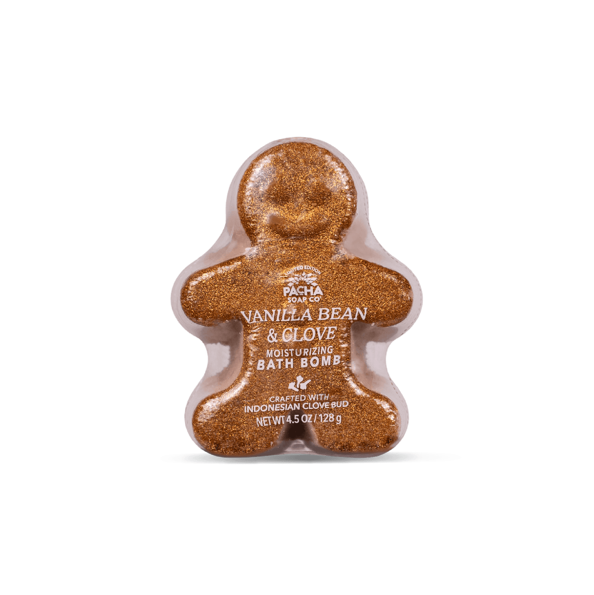 A gingerbread man-shaped bath bomb by Pacha Soap with a sparkling golden-brown glittery texture, centered on a clean white background.