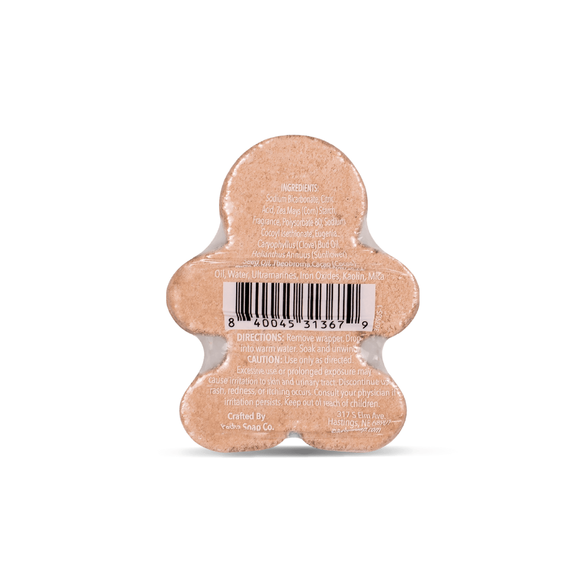 Pacha Soap's Sparkly Ginger Bread Shaped Vanilla Bean & Clove Bath Bomb in shrink wrap and in a back facing view showing product information.