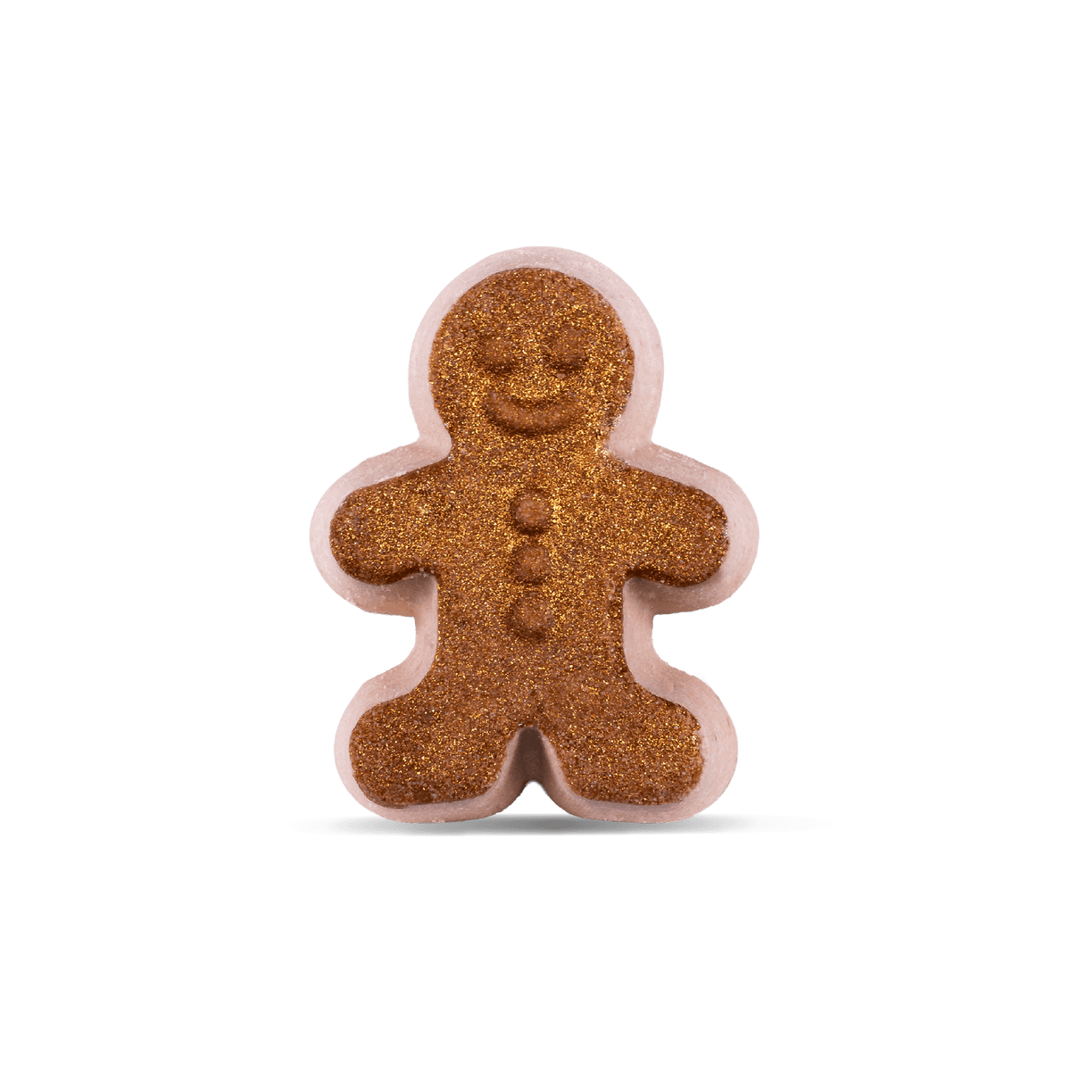 A gingerbread man-shaped bath bomb with a textured, glittery golden-brown body and a pale pink outer edge, centered on a clean white background.