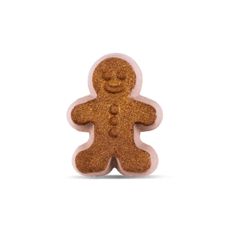 A gingerbread man-shaped bath bomb with a textured, glittery golden-brown body and a pale pink outer edge, centered on a clean white background.
