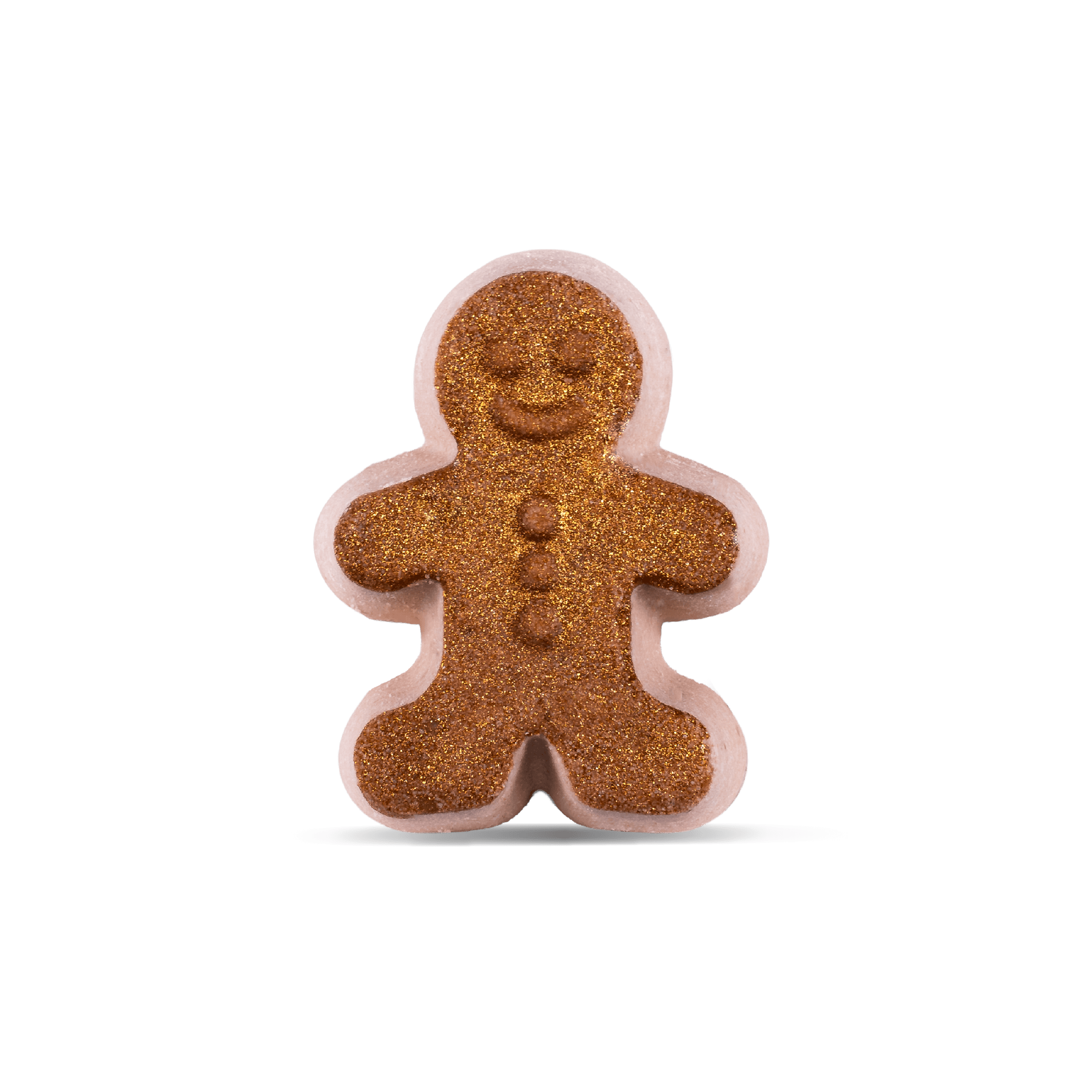 A gingerbread man-shaped bath bomb with a textured, glittery golden-brown body and a pale pink outer edge, centered on a clean white background.