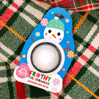 Pacha Soap Kid's Bath Bomb ard "FROTHY THE SNOWMAN" on a bright plaid background