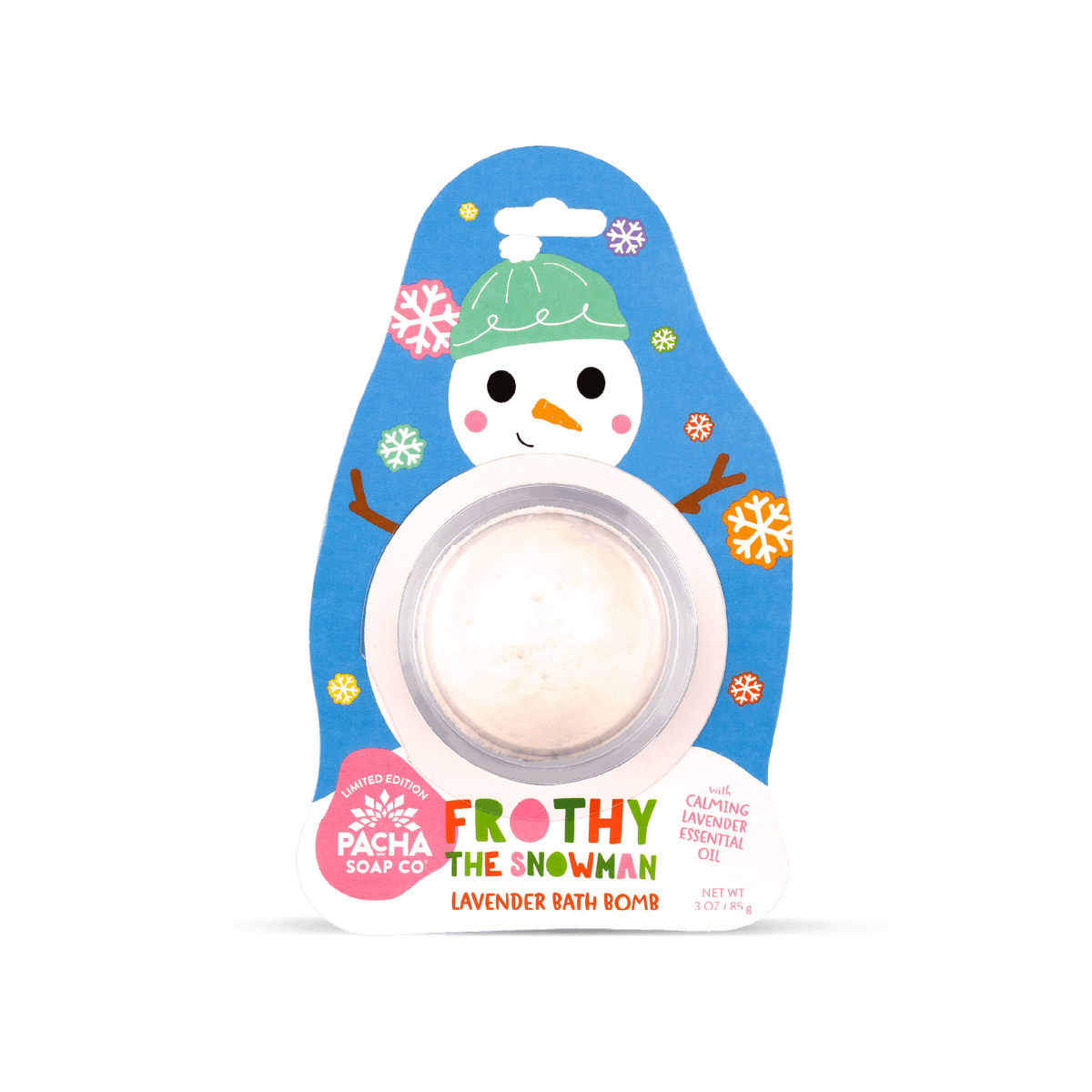 Pacha Soap Kid's Frothy the Snowman blue and white Bath Bomb card with multicolored snowflakes, lavender scented.