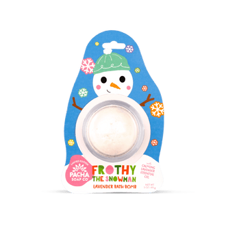 Pacha Soap Kid's Frothy the Snowman blue and white Bath Bomb card with multicolored snowflakes, lavender scented.