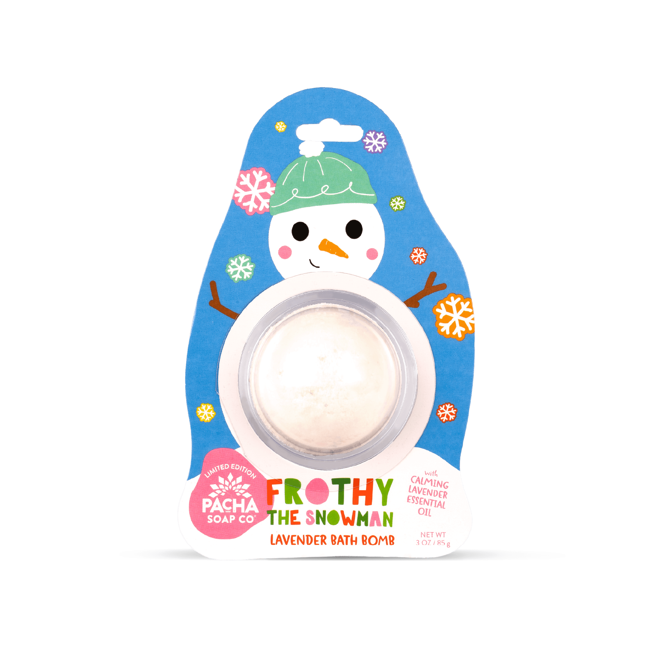 Pacha Soap Kid's Frothy the Snowman blue and white Bath Bomb card with multicolored snowflakes, lavender scented.