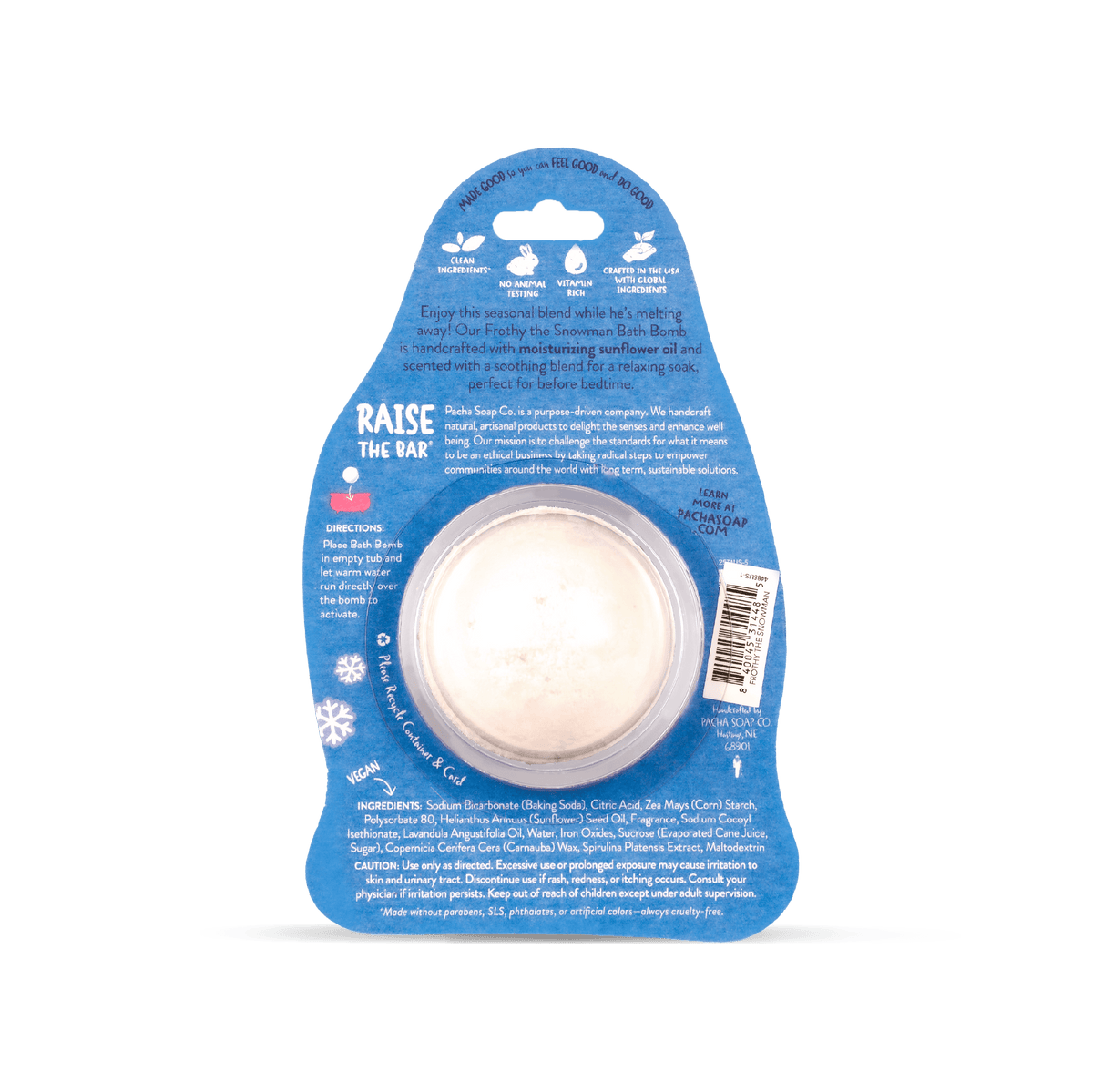 Pacha Soap Kid's Frothy the Snowman blue and white Bath Bomb card with multicolored snowflakes, lavender scented. Back of card view with product information such as ingredient list and product promises.