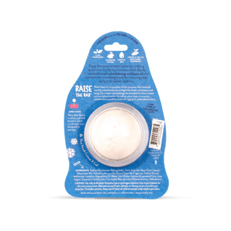 Pacha Soap Kid's Frothy the Snowman blue and white Bath Bomb card with multicolored snowflakes, lavender scented. Back of card view with product information such as ingredient list and product promises.