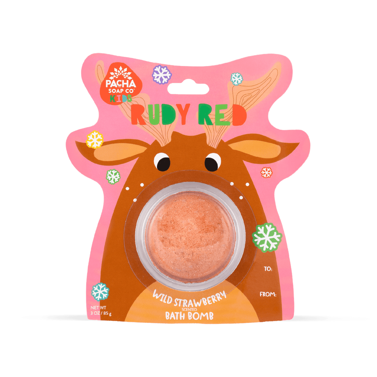 Pacha soap Kid's Ruby Red Reindeer shaped pink bath bomb card, decorated with colorful snowflakes. Specifies that this bath bomb is wild strawberry scented.