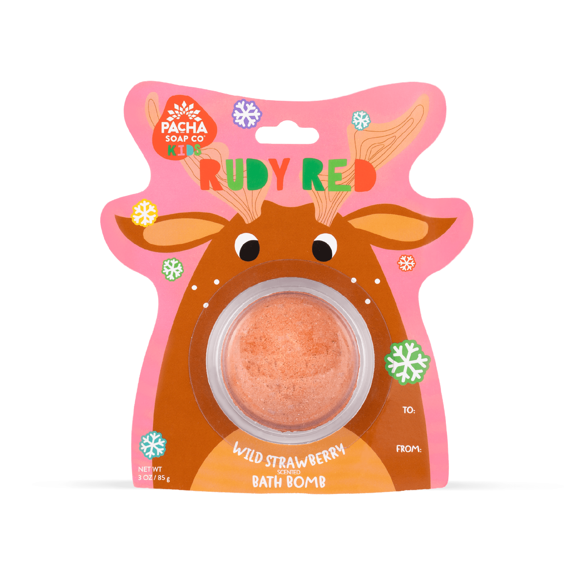 Pacha soap Kid's Ruby Red Reindeer shaped pink bath bomb card, decorated with colorful snowflakes. Specifies that this bath bomb is wild strawberry scented.
