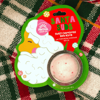 PAcha Soap Kid's Bath Bomb Card "SANTA SUDS" on a bright plaid background