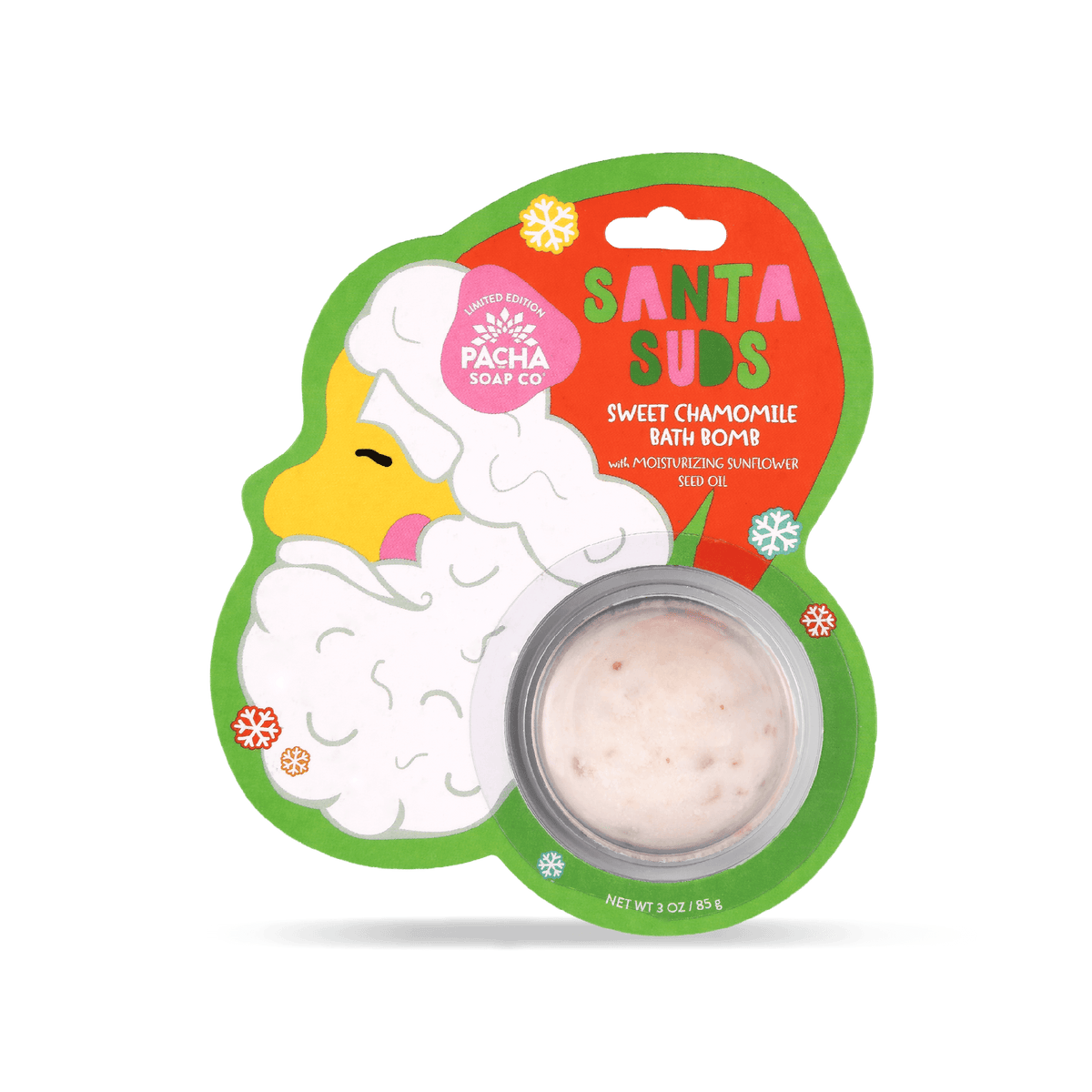 Pacha Soap Kid's green Santa Suds's bath bomb card, decorated with multicolored snowflakes and Sweet chamomile scented.