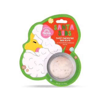 Pacha Soap Kid's green Santa Suds's bath bomb card, decorated with multicolored snowflakes and Sweet chamomile scented.