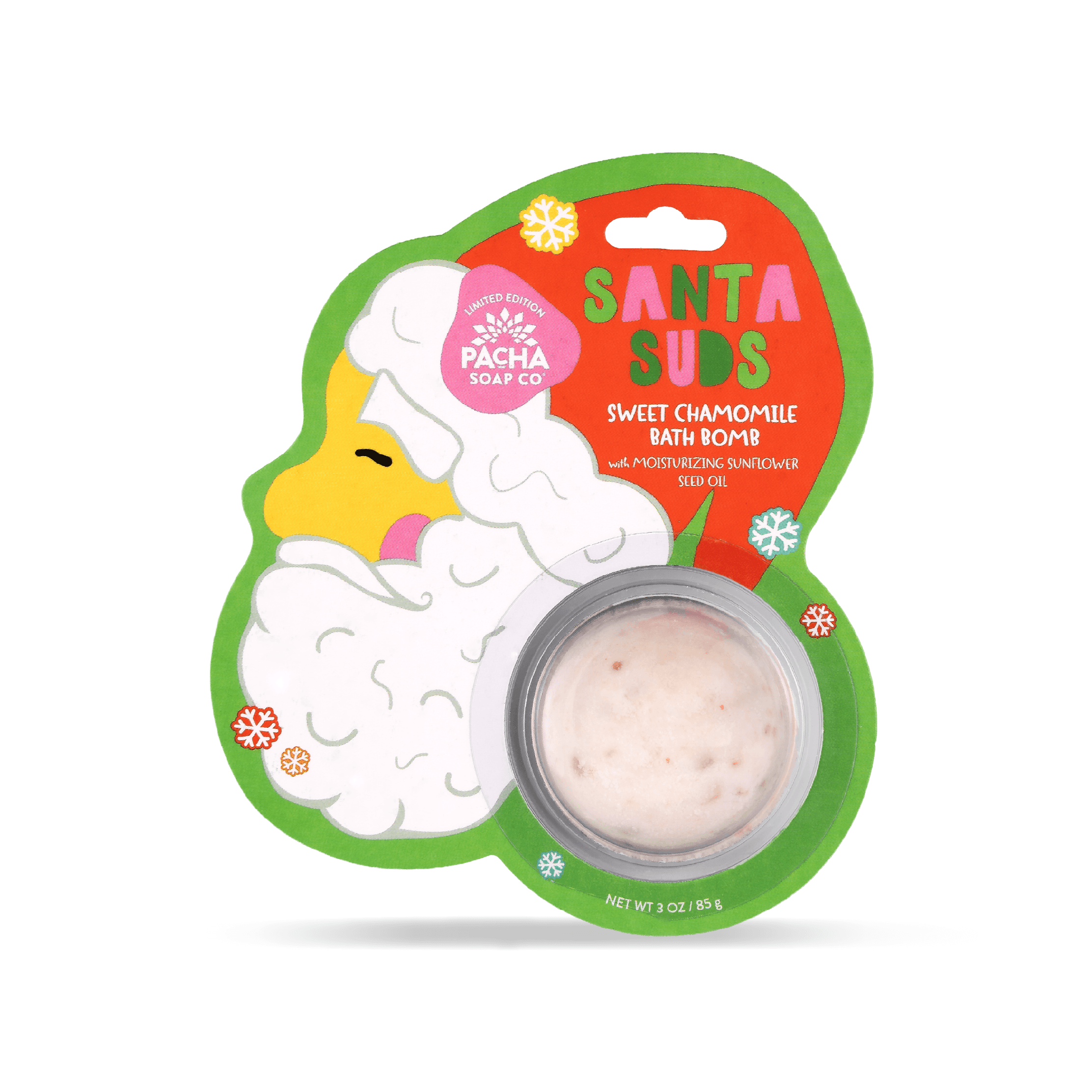 Pacha Soap Kid's green Santa Suds's bath bomb card, decorated with multicolored snowflakes and Sweet chamomile scented.