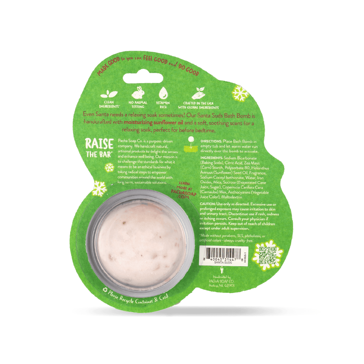 Pacha Soap Kid's green Santa Suds's bath bomb card, decorated with multicolored snowflakes and Sweet chamomile scented. Back of product view with product promises and ingredient list.