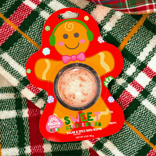 Pacha Soap Kid's Bath bomb Card "SWEET GINGER BREAD" on a pretty bright plaid background