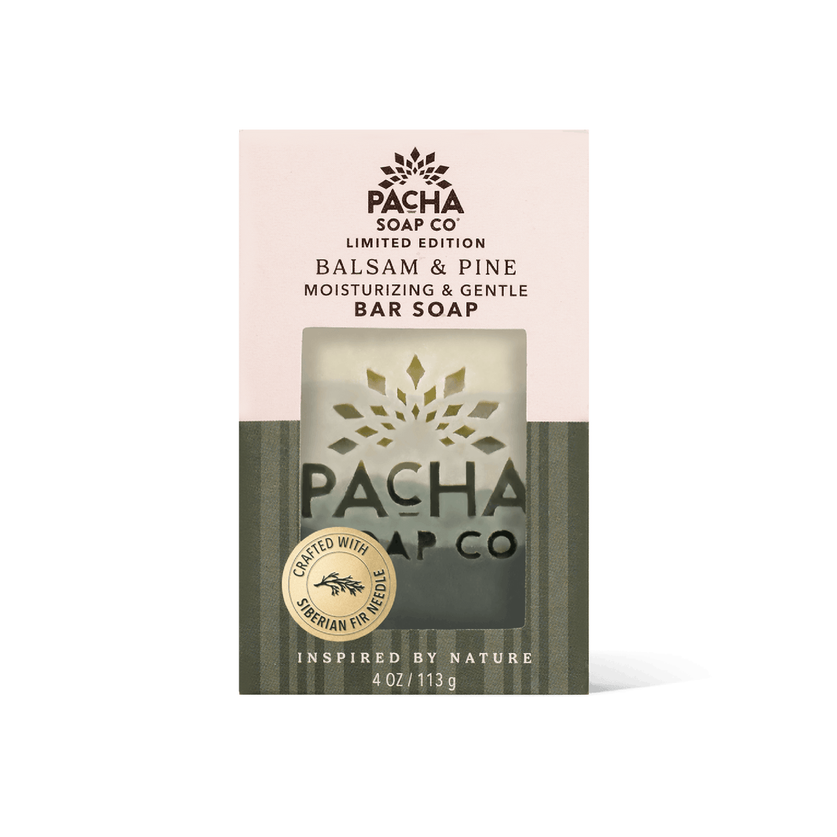 Pacha Soap Co Limited Edition Balsam & Pine moisturizing and gentle bar soap in its original packaging, featuring a cream and dark green striped box with a clear window showing the bar of soap inside.