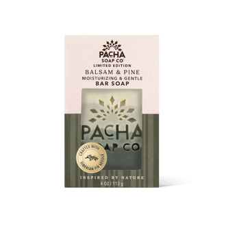 Pacha Soap Co Limited Edition Balsam & Pine moisturizing and gentle bar soap in its original packaging, featuring a cream and dark green striped box with a clear window showing the bar of soap inside.