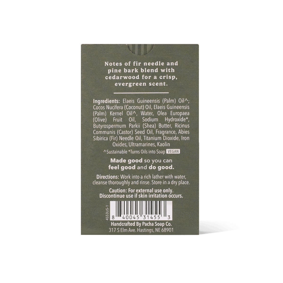 The back of a Pacha Soap Co. handcrafted bar soap package, showing the ingredients, directions, and barcode on an olive green background.