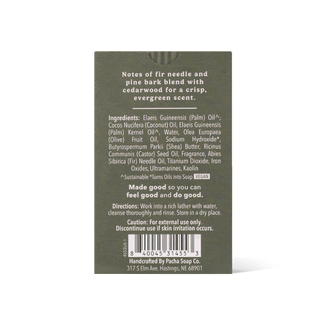 The back of a Pacha Soap Co. handcrafted bar soap package, showing the ingredients, directions, and barcode on an olive green background.