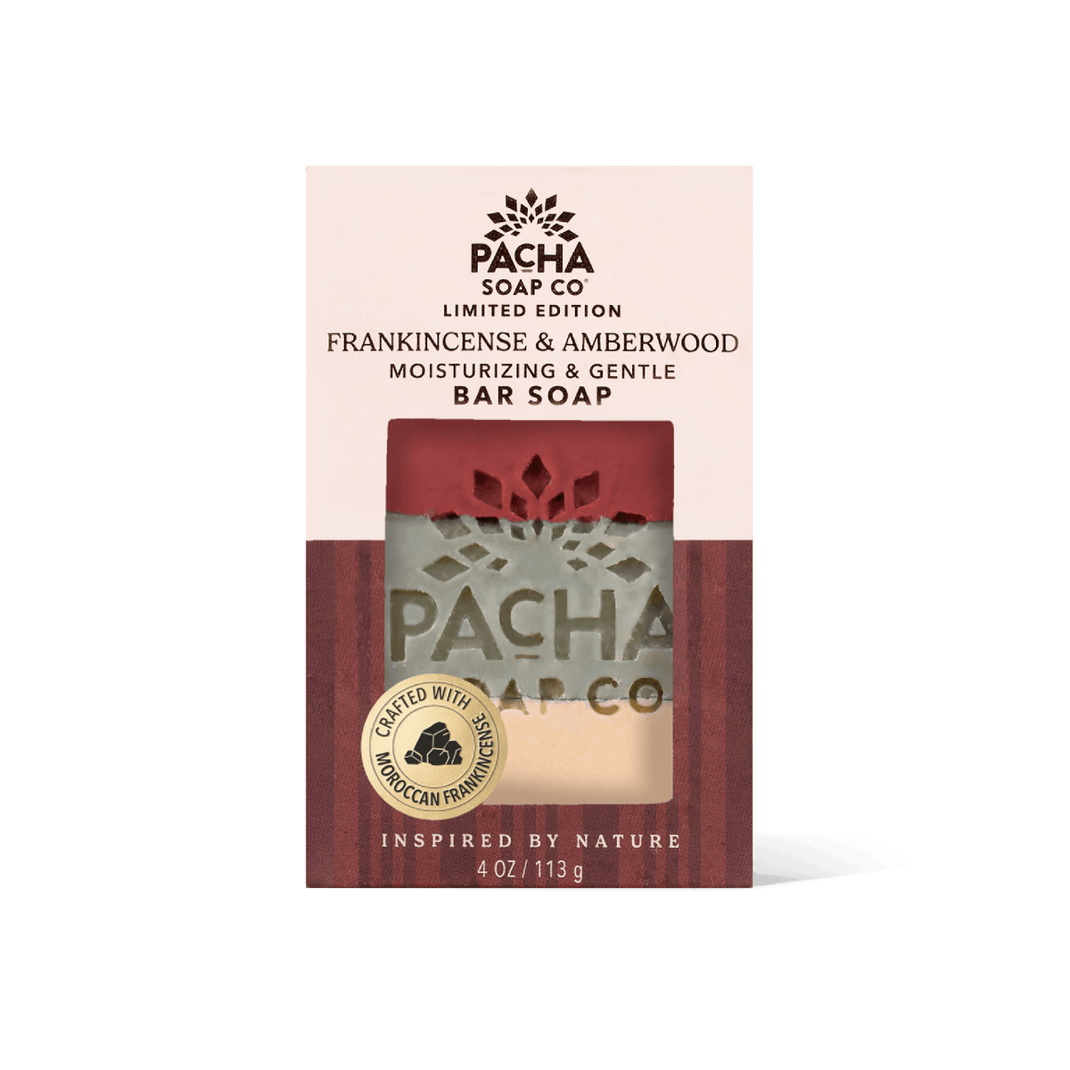 Pacha Soap Co Frankincense & Amberwood Bar Soap in its retail packaging, featuring a cream and dark red design with a clear window showing the soap bar inside.