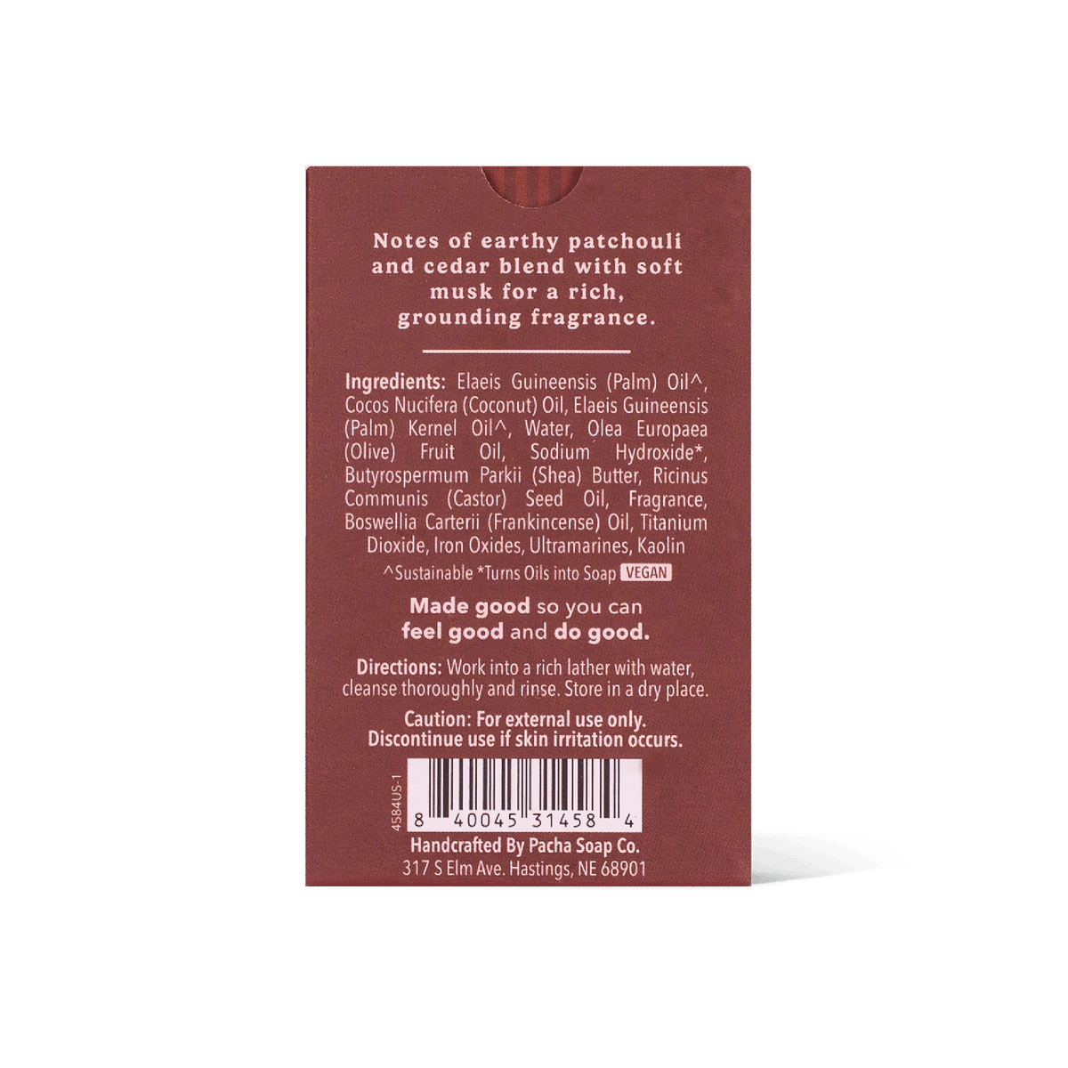 Back of a Pacha Soap Co. bar of soap package in a dark reddish-brown color, showing product notes, ingredients, directions, and a barcode.