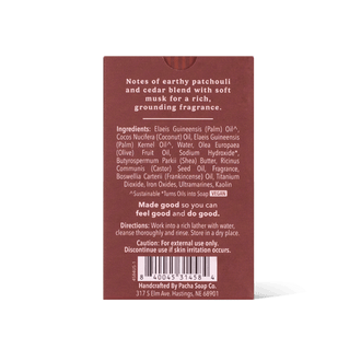 Back of a Pacha Soap Co. bar of soap package in a dark reddish-brown color, showing product notes, ingredients, directions, and a barcode.