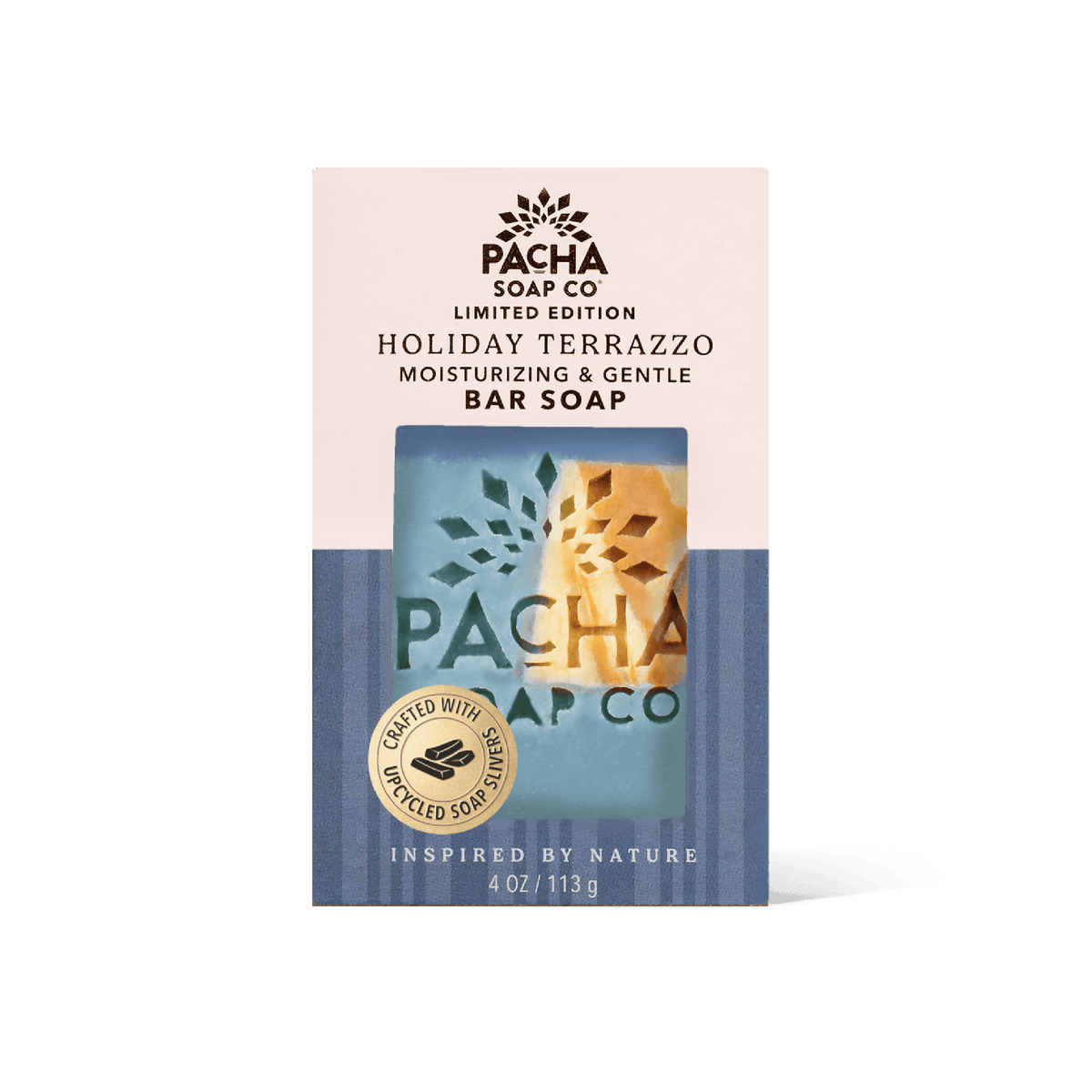 Pacha Soap Co. Holiday Terrazzo bar soap in its retail packaging, featuring a cream and blue box with a clear window showing the bar soap inside.