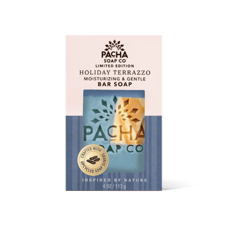 Pacha Soap Co. Holiday Terrazzo bar soap in its retail packaging, featuring a cream and blue box with a clear window showing the bar soap inside.