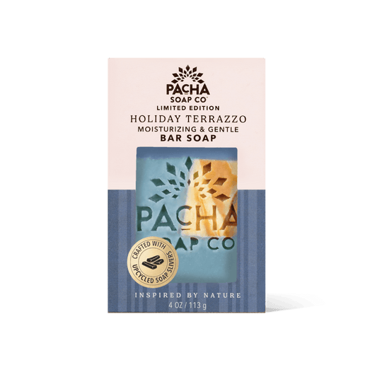 Pacha Soap Co. Holiday Terrazzo bar soap in its retail packaging, featuring a cream and blue box with a clear window showing the bar soap inside.