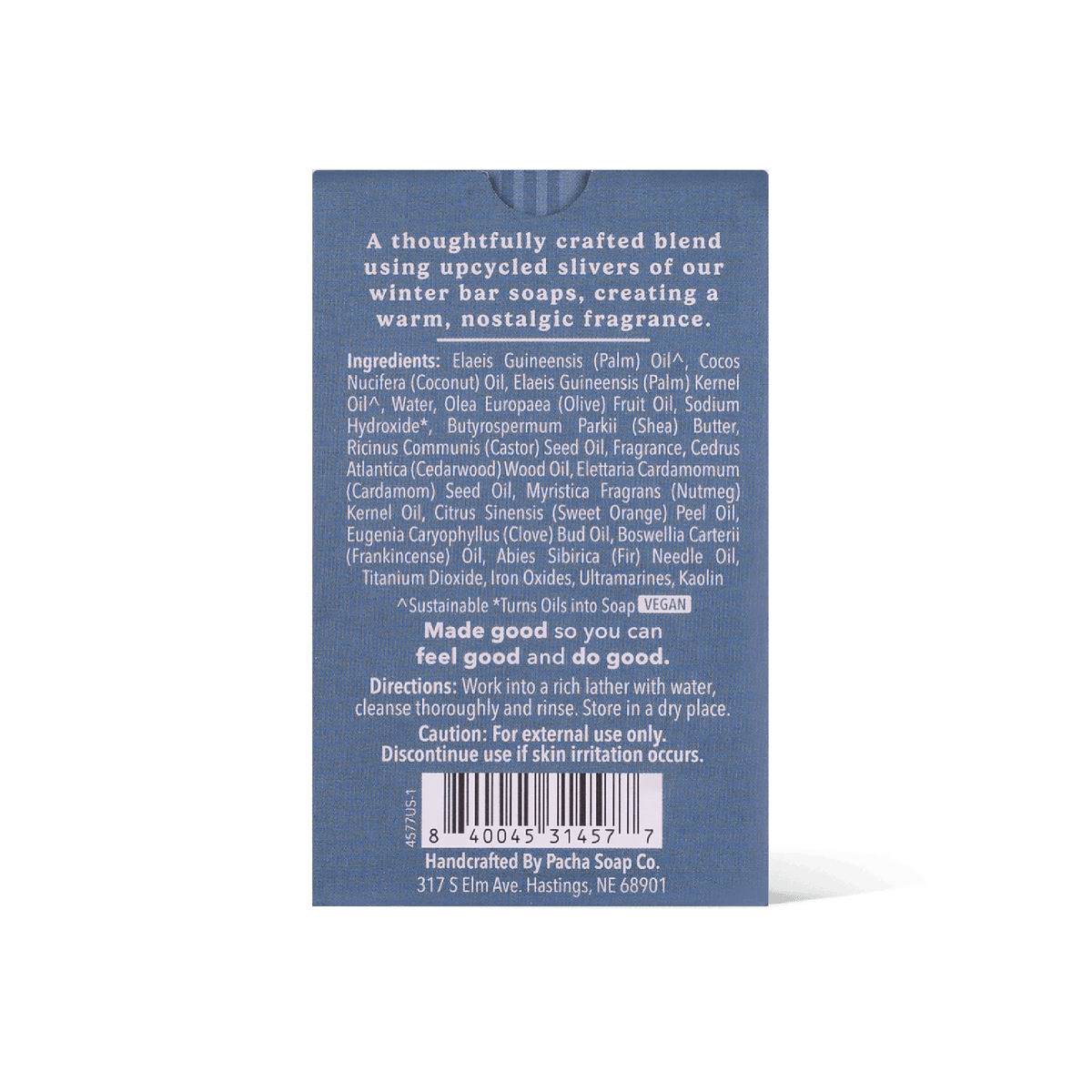 The back of a blue bar soap packaging box, showing product description, ingredients, directions, barcode, and Pacha Soap Co. branding