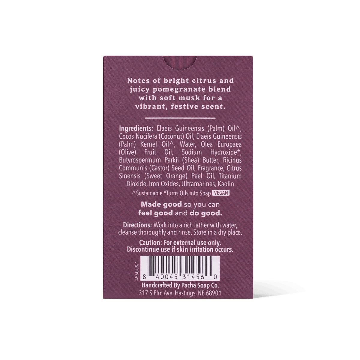 The back of a Pacha Soap Co. Bar soap, showing the scent notes of bright citrus and juicy pomegranate blend, ingredients, directions, barcode, and address