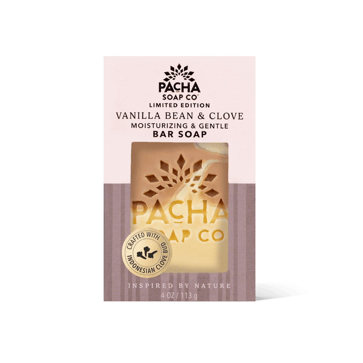 Pacha Soap Co Vanilla Bean & Clove moisturizing and gentle bar soap in its packaging, featuring a cream and muted brown box with a clear window showing the golden soap bar inside.