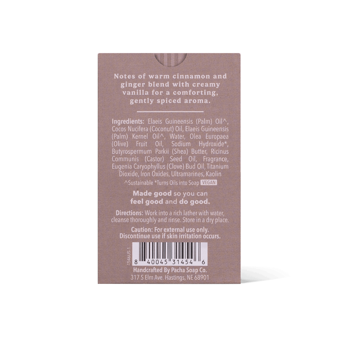 The back of a brown rectangular bar soap box, showing scent notes, ingredients, directions, and a barcode.
