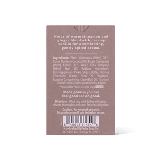 The back of a brown rectangular bar soap box, showing scent notes, ingredients, directions, and a barcode.