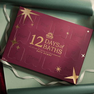 12 Days of Baths Advent Calendar with Handcrafted bathbombs made by Pacha Soap Co in a beautiful setting along with ornaments and ribbon