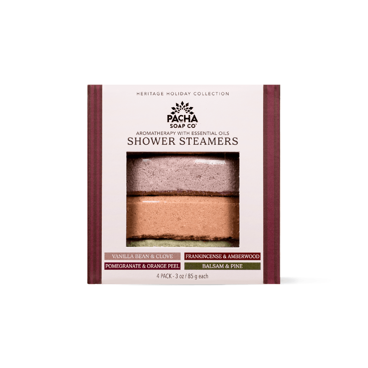 Pacha Soap Co. Heritage Holiday Collection Shower Steamers in a 4-pack box.