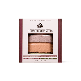 Pacha Soap Co. Heritage Holiday Collection Shower Steamers in a 4-pack box.