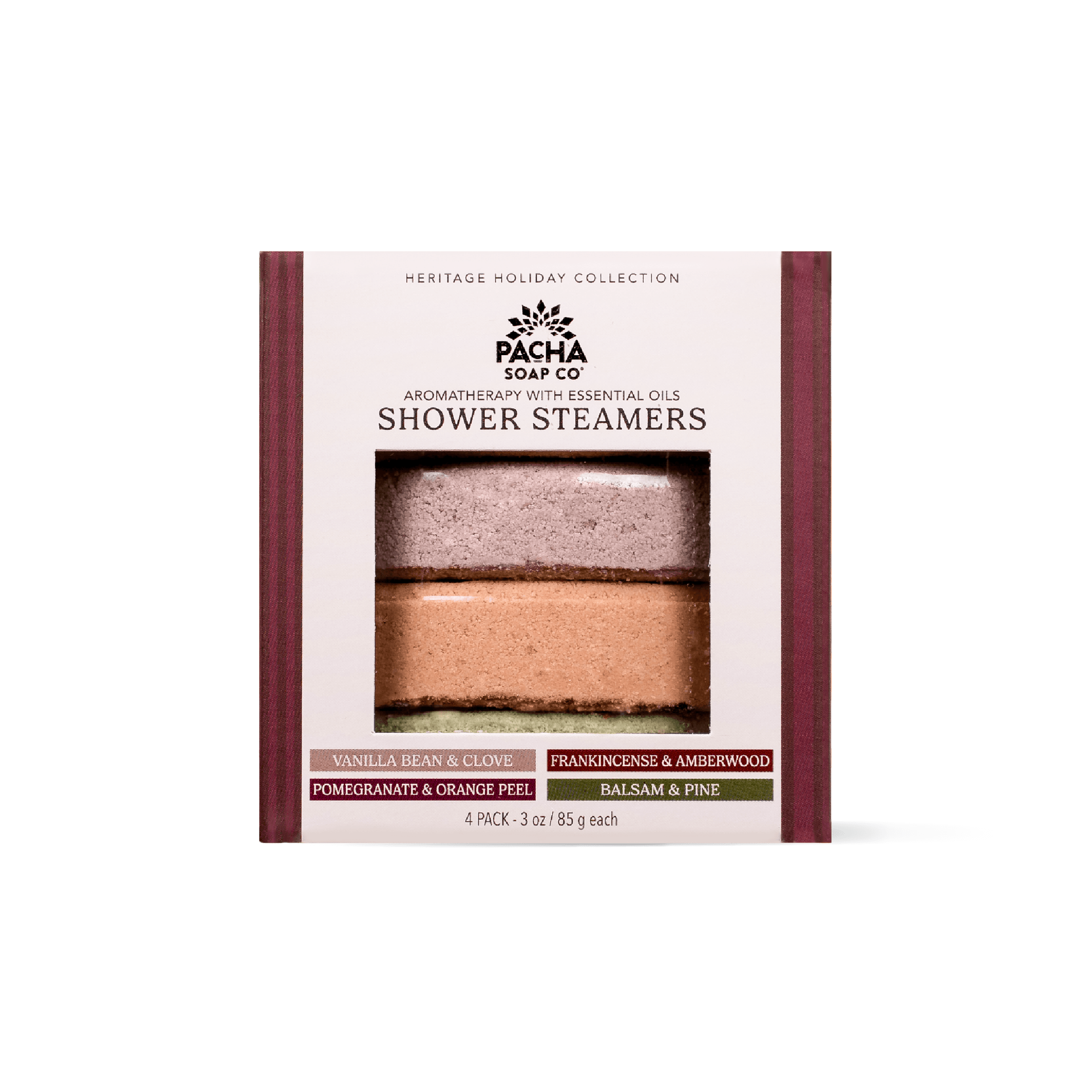 Pacha Soap Co. Heritage Holiday Collection Shower Steamers in a 4-pack box.