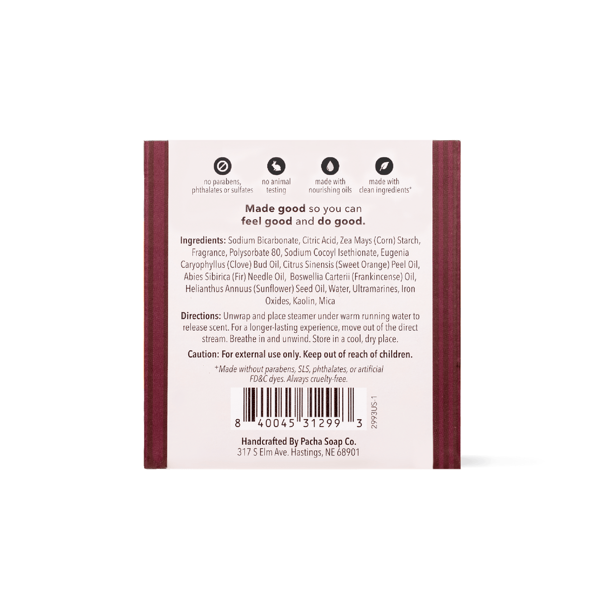 Pacha Soap's Holiday Heritage Shower Steamers in a back facing view, showing product information.
