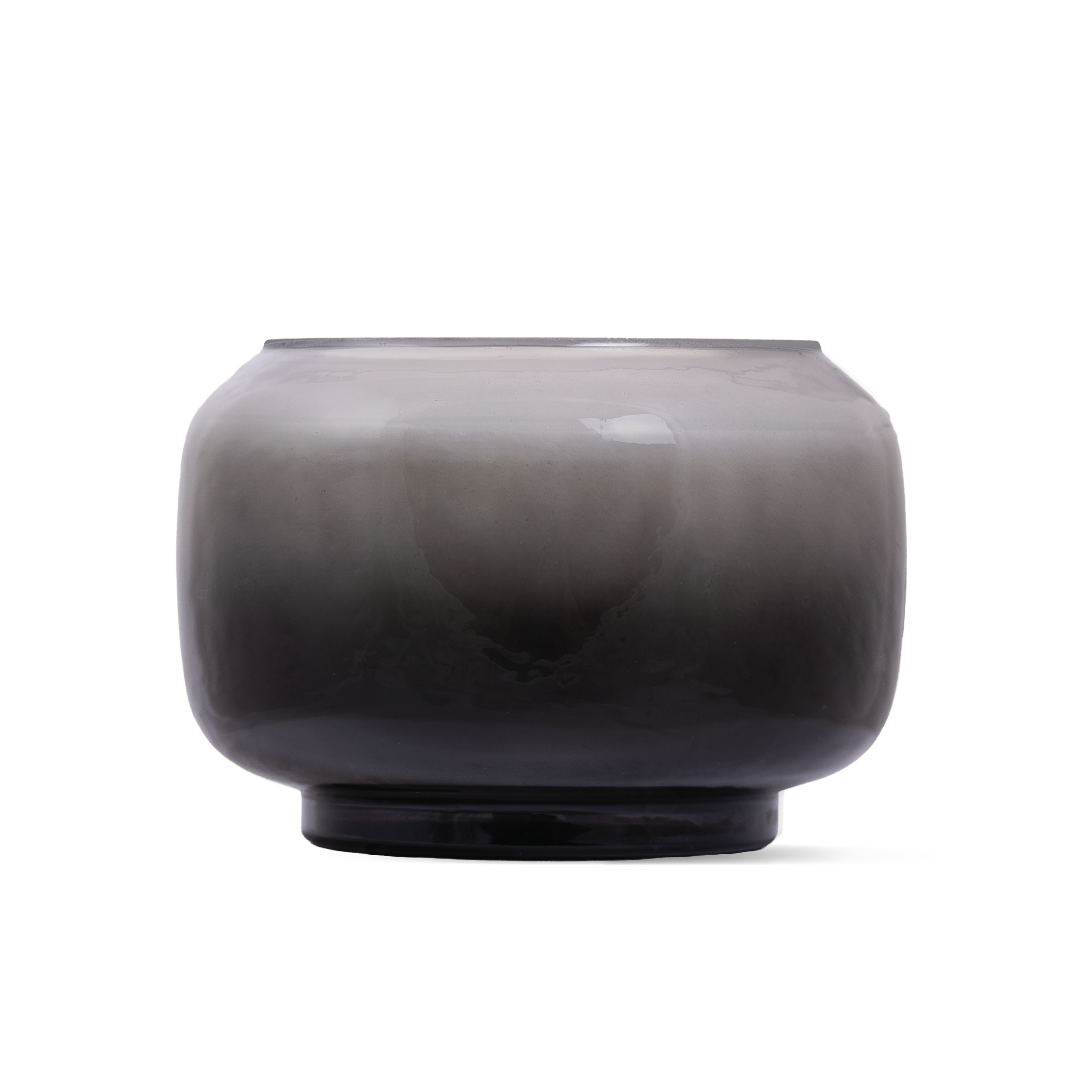 A round, glass candle with a smoky gradient transition from light gray at the top to a deep charcoal black at the base, shown on a plain white background.