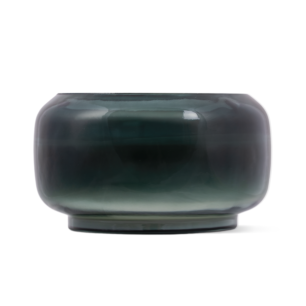 A round, wide-mouthed glass candle featuring a color gradient that transitions from a deep dark green at the top to a translucent light green at the bottom.