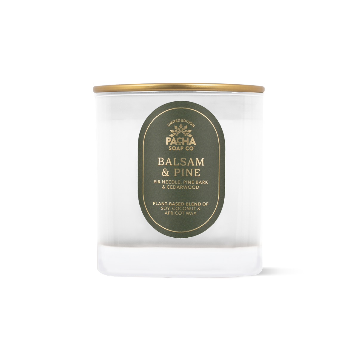 A clear glass jar candle with a gold metal lid and a dark olive green oval label reading 'PACHA SOAP CO. BALSAM & PINE'.