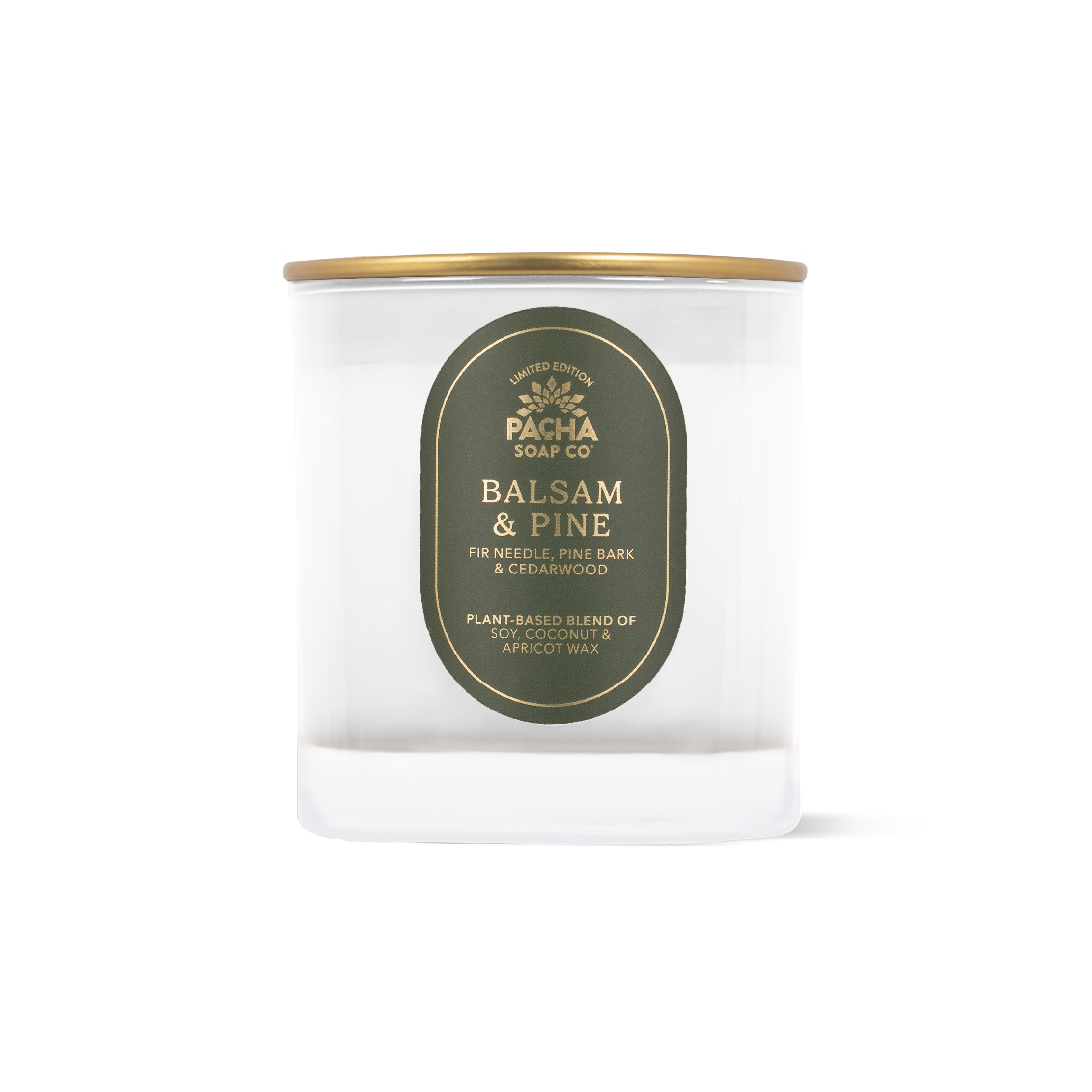 A clear glass jar candle with a gold metal lid and a dark olive green oval label reading 'PACHA SOAP CO. BALSAM & PINE'.