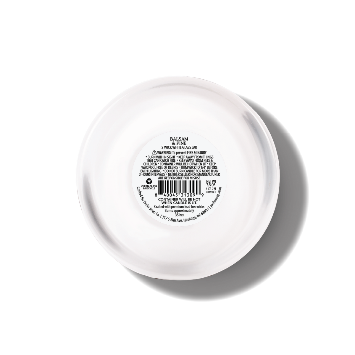 The bottom view of a round white glass jar with printed product information and a barcode