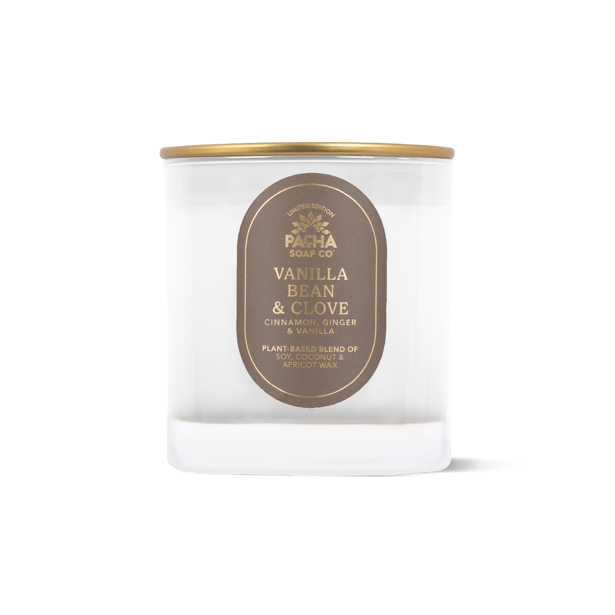 A glass jar candle with a gold metal lid and a brown oval label reading 'Pacha Soap Co. Vanilla Bean & Clove' on a white background.
