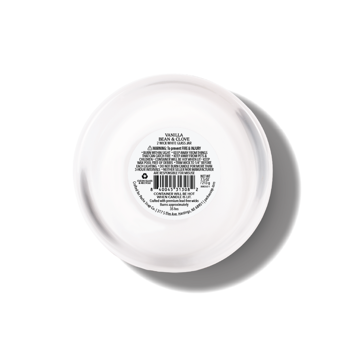 The bottom view of a round white glass jar with printed product information and a barcode